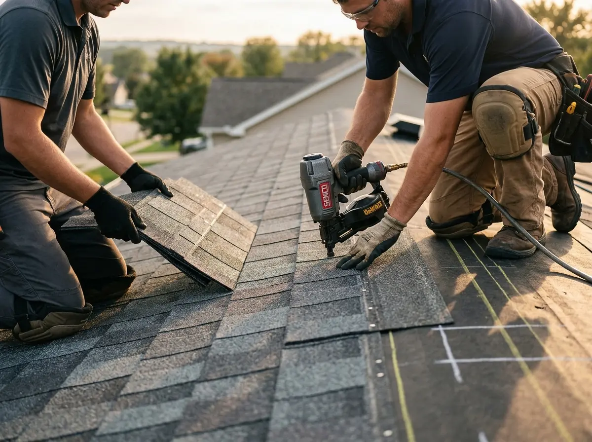 Professional roofer working on a residential roof in Chena Ridge